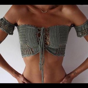 Green crochet off the shoulder crop top